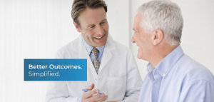 Doctor and Patient talking. Words overlaid saying Better Outcomes. Simplified.